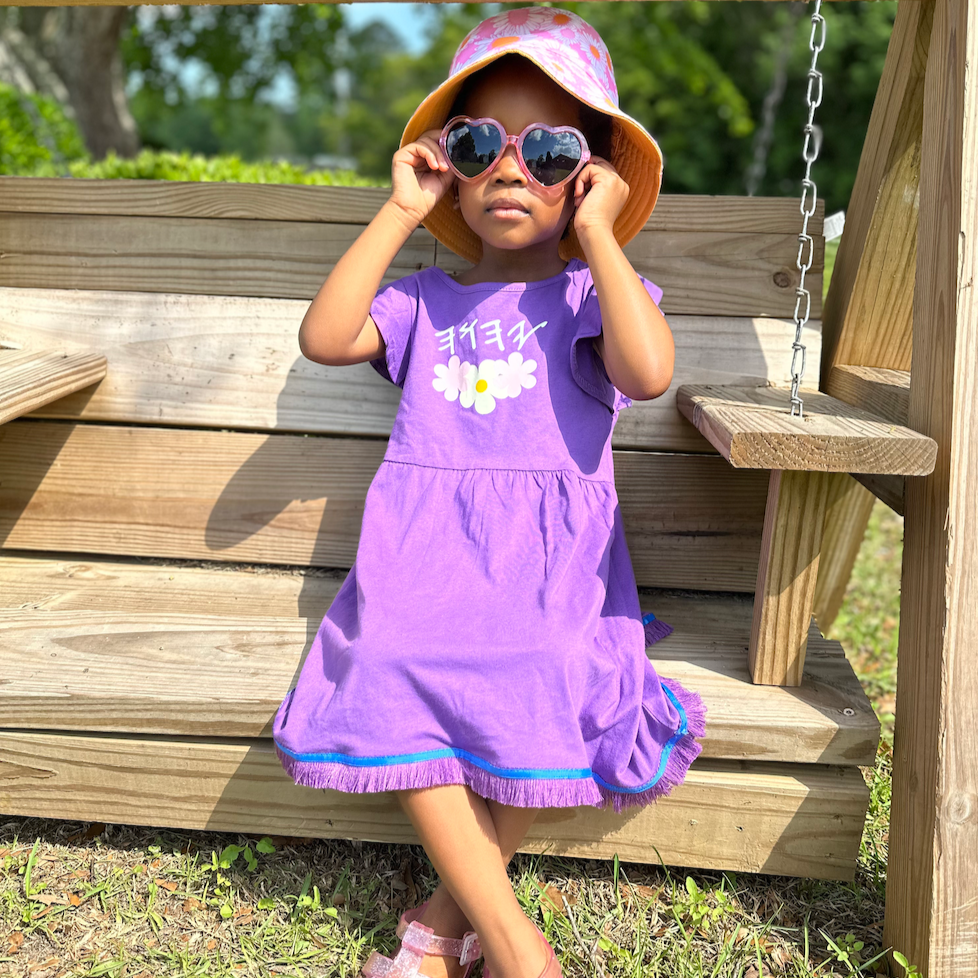 YAHUAH Flowers - 100% Cotton Purple Girls Dress with Pockets