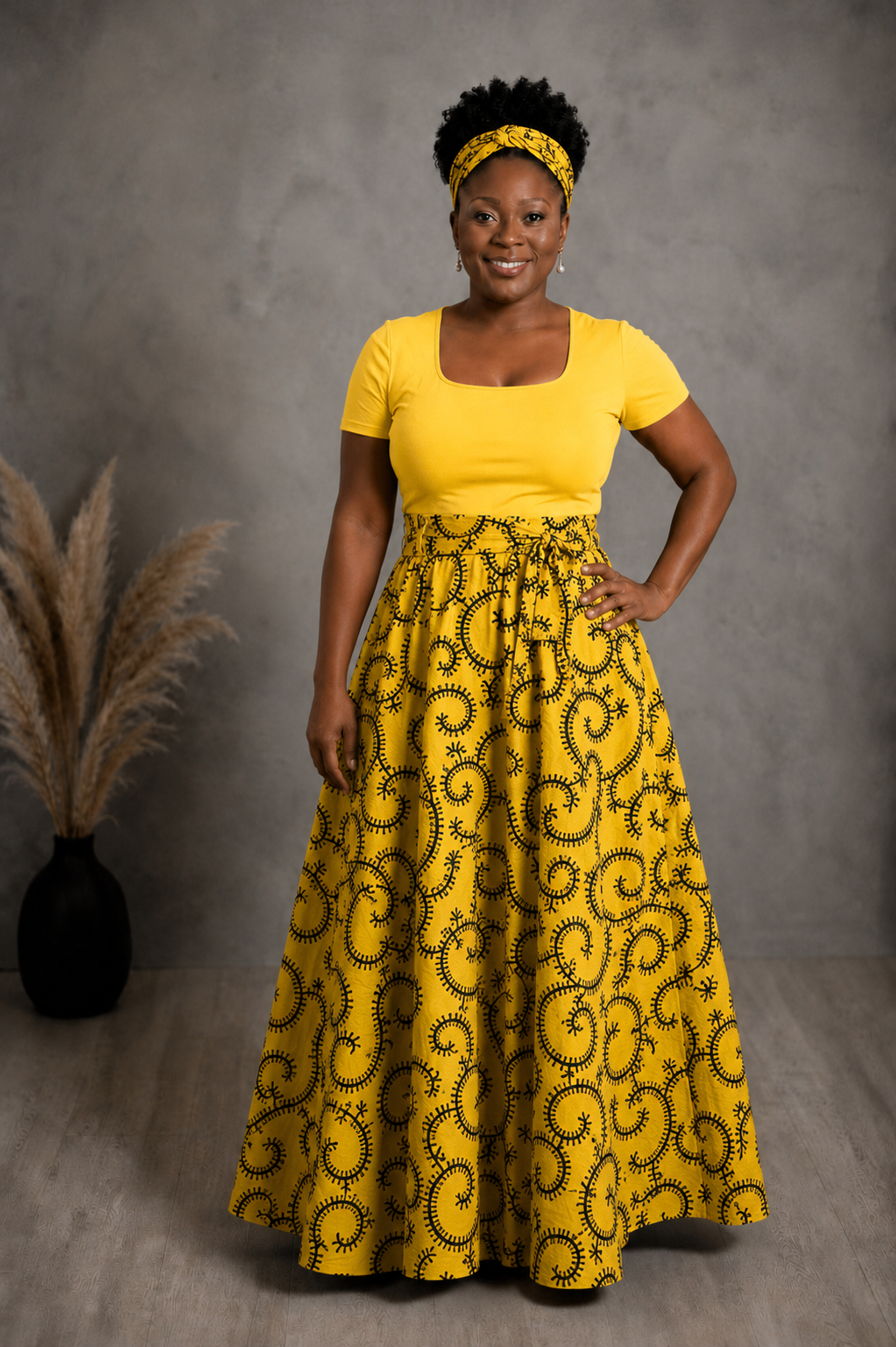 African Maxi Skirt - Green or Yellow Black Swirl