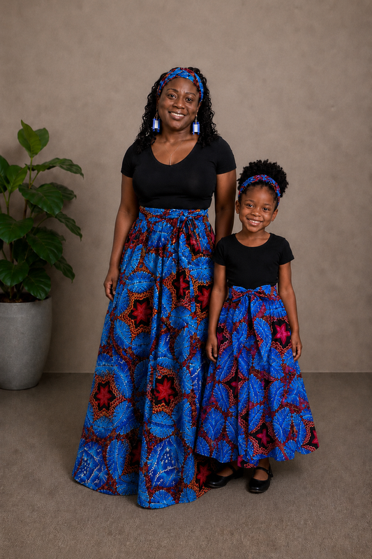 African Maxi Skirt - Blue Pink Starfish Print