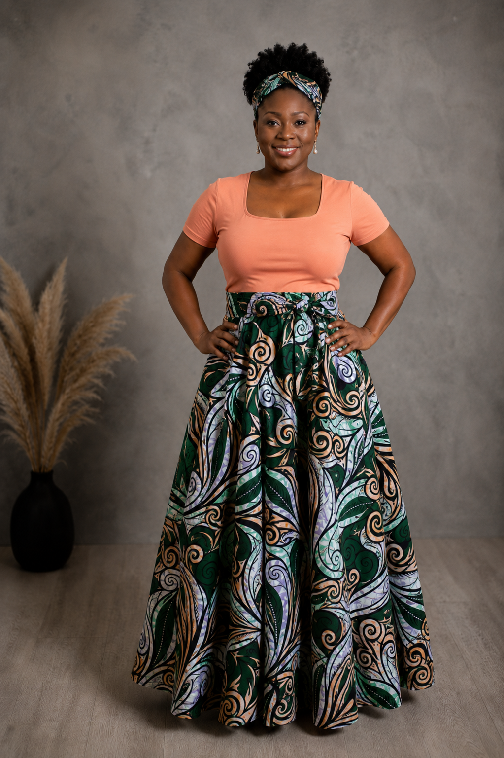 African Maxi Skirt - Apricot Swirl Print