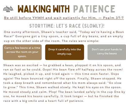 Devotion + Beans Race Activity + Coloring Page: Count the Omer with Patience Theme