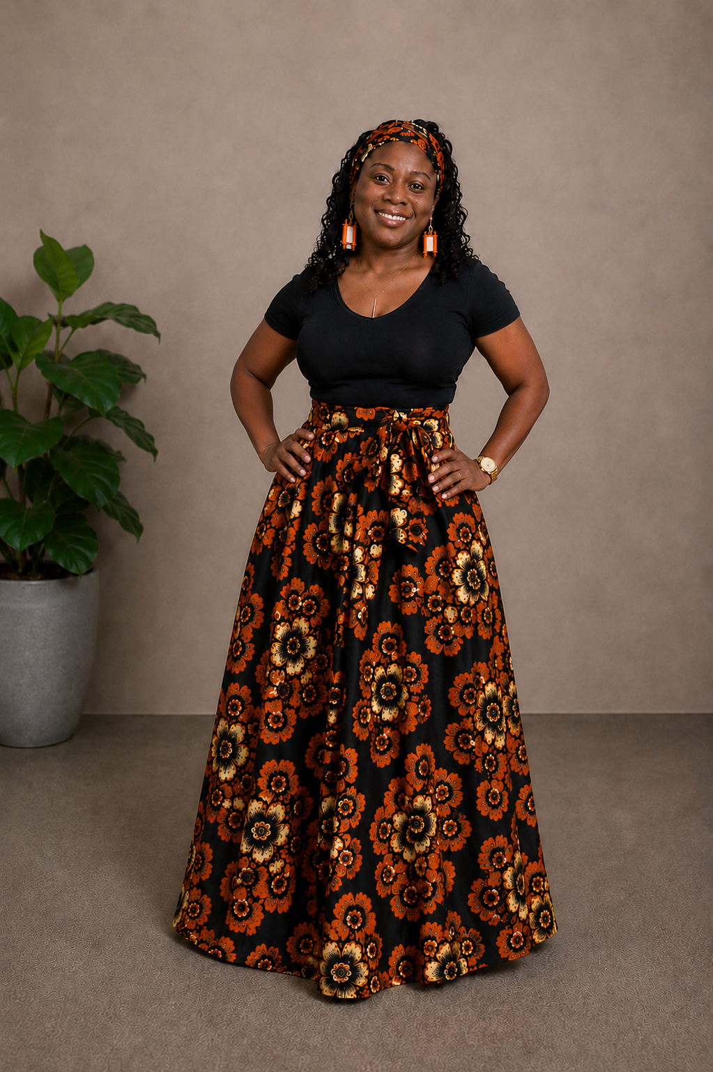 African Maxi Skirt - Gold and Orange Print
