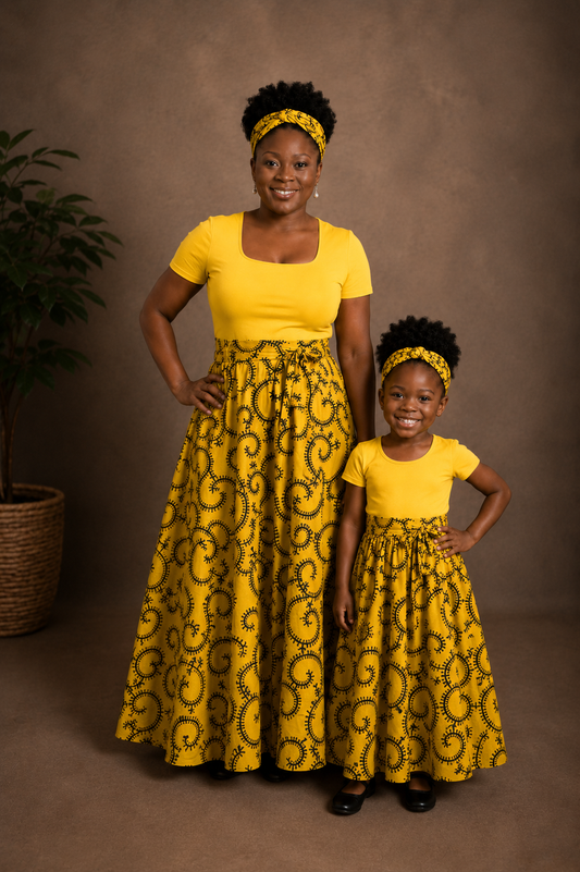 African Maxi Skirt - Green or Yellow Black Swirl