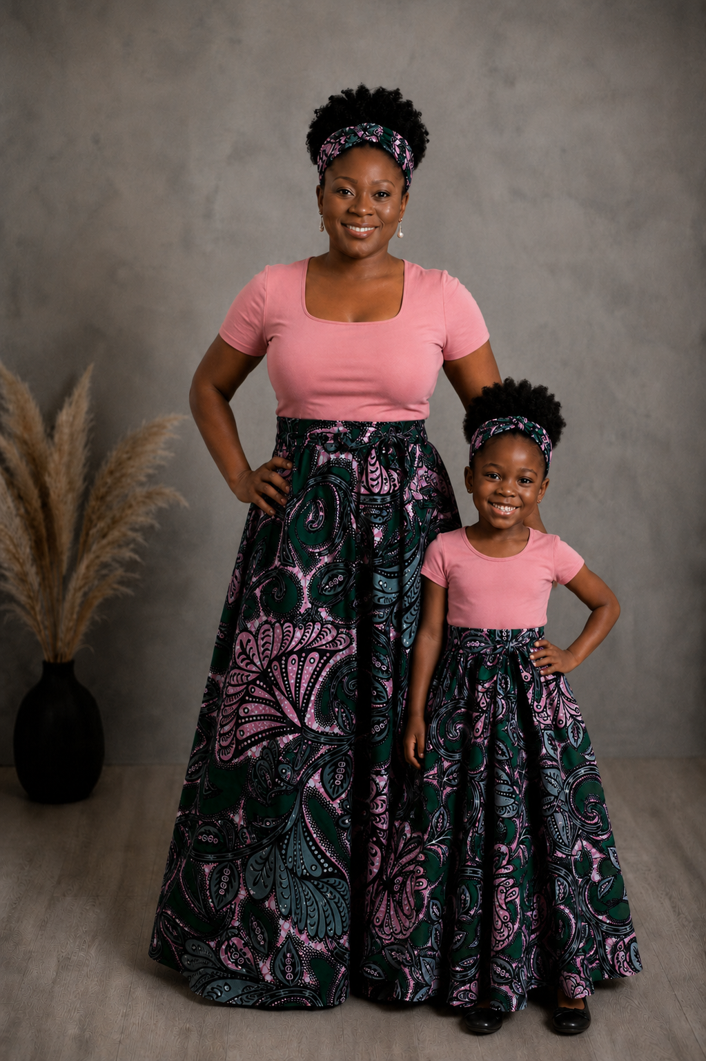 African Maxi Skirt - Pink Fan Green Print