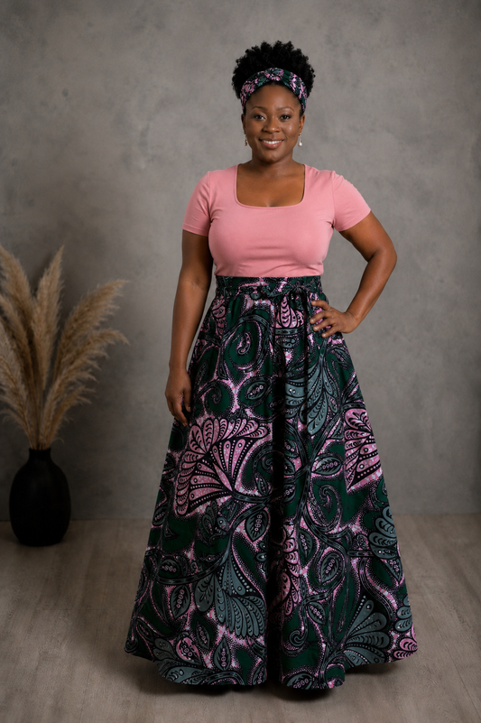 African Maxi Skirt - Pink Fan Green Print
