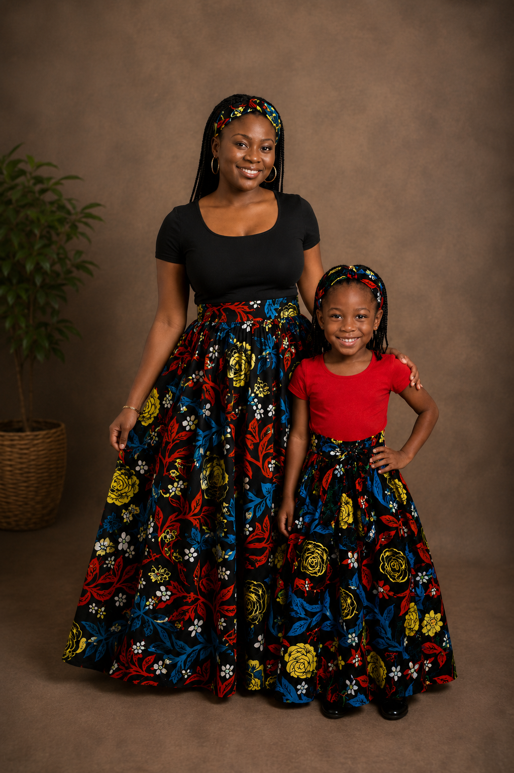 African Maxi Skirt - Blue Red Leaves Yellow Flowers Print