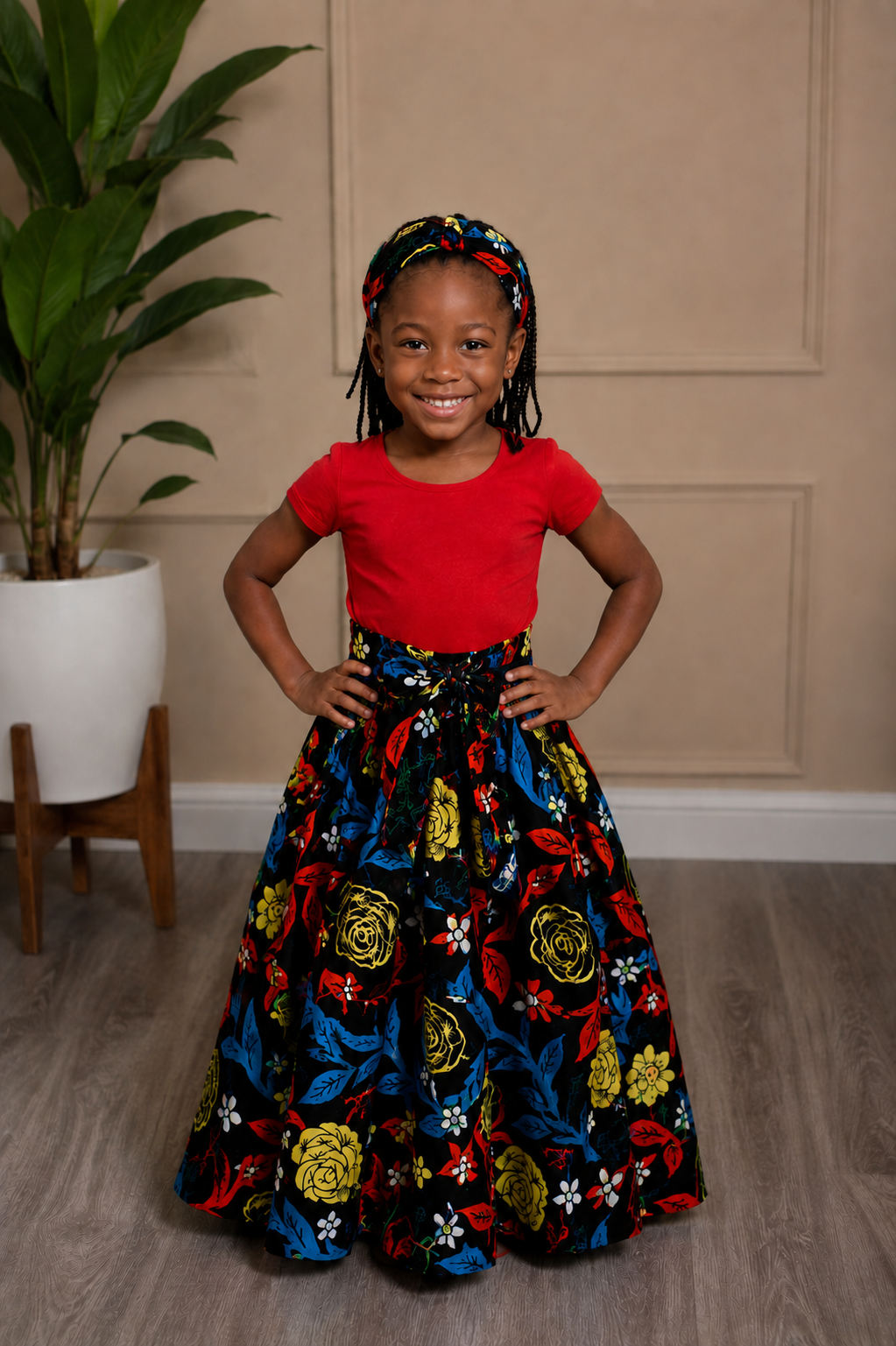 African Maxi Skirt - Blue Red Leaves Yellow Flowers Print