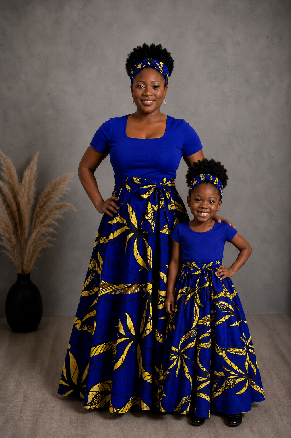 African Maxi Skirt - Blue Yellow Leaves Print
