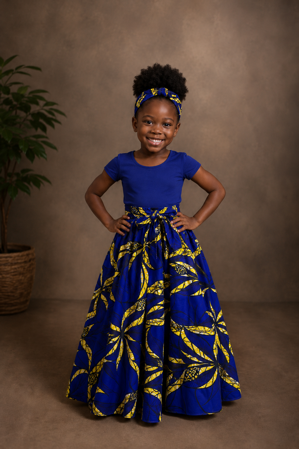 African Maxi Skirt - Blue Yellow Leaves Print