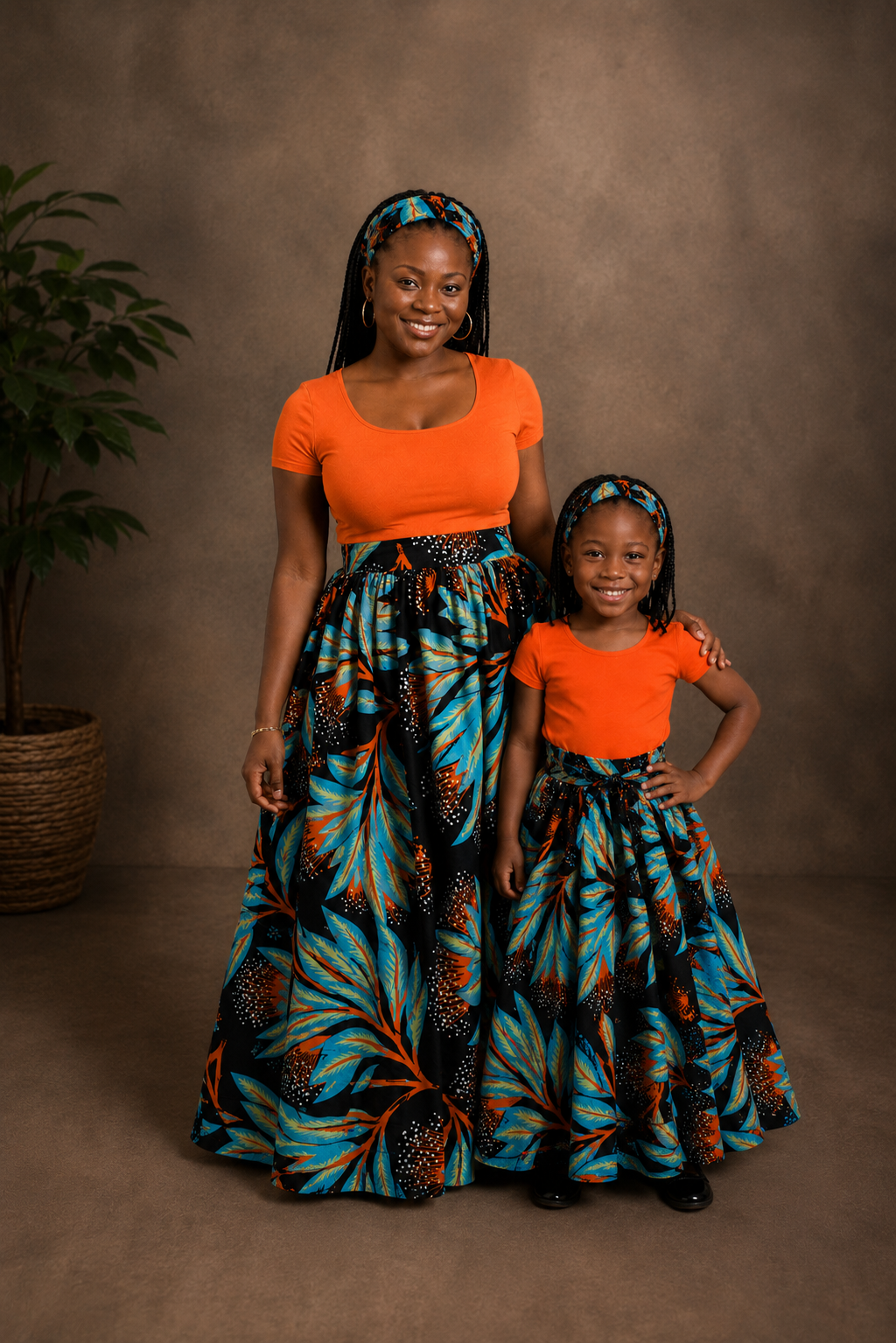 African Maxi Skirt - Orange Teal Fan Leaves Print