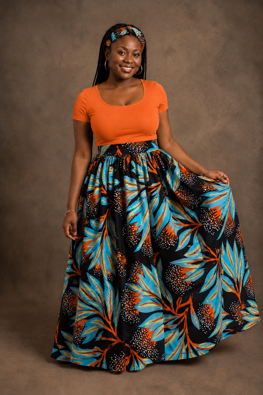 African Maxi Skirt - Orange Teal Fan Leaves Print
