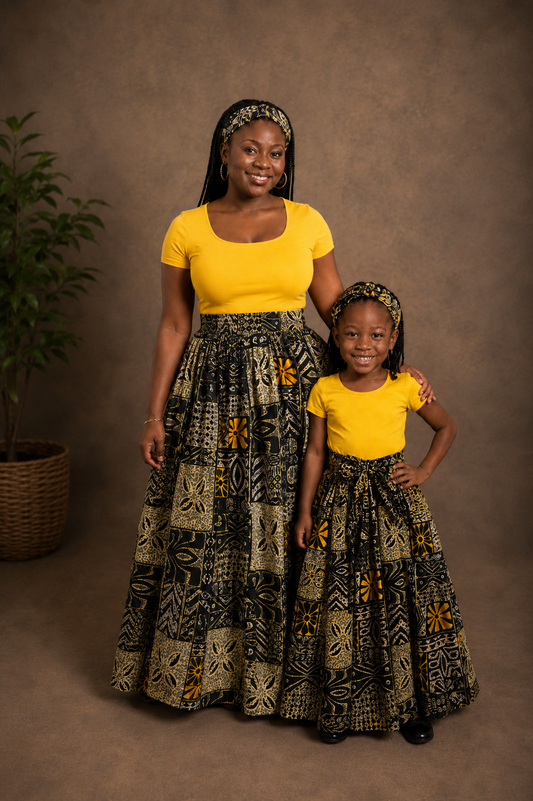 African Maxi Skirt - Yellow Black Square Print