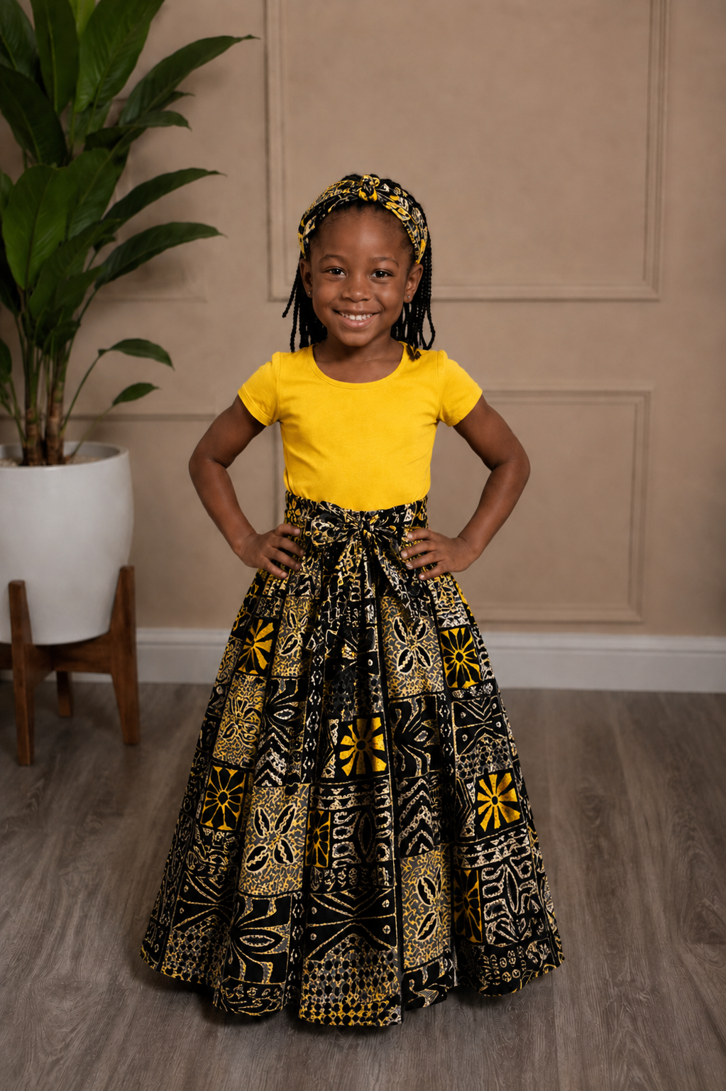 African Maxi Skirt - Yellow Black Square Print