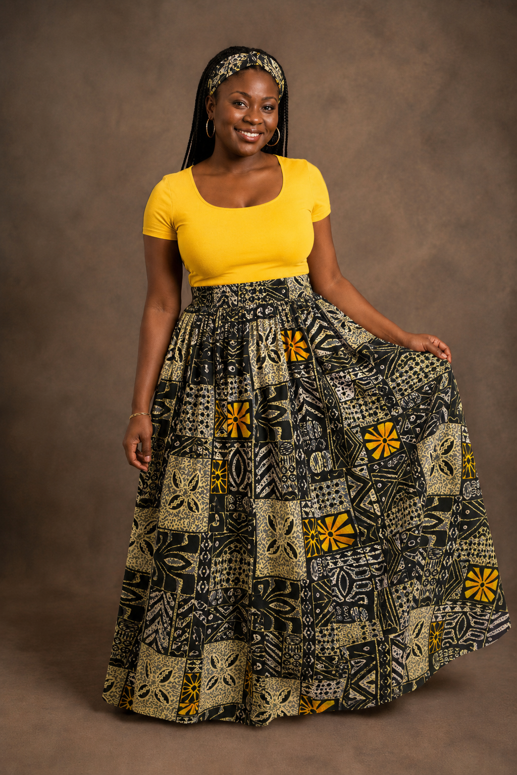 African Maxi Skirt - Yellow Black Square Print